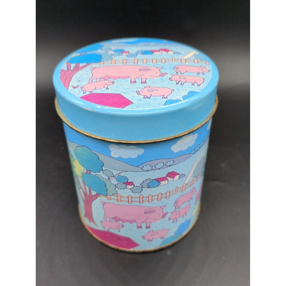 Vintage Blue Pink Pig Farm Metal Tin Canister Round Country Farmhouse Decor